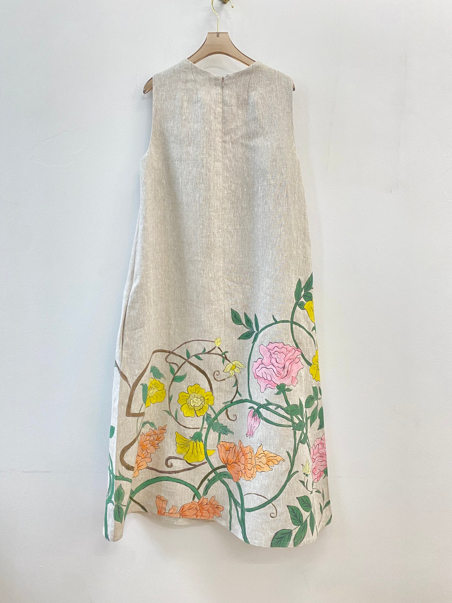 Oatmeal Chore Dress w/ Hand Painted Floral Print