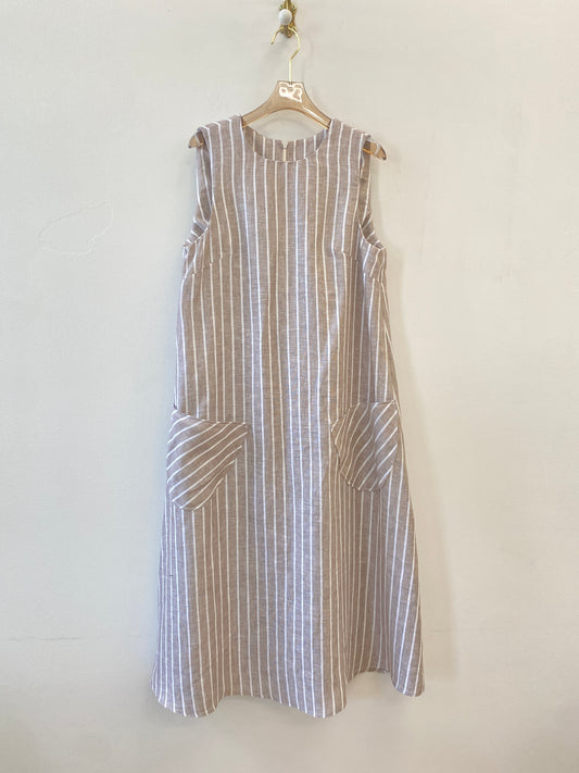 Brown Pinstripe Linen Chore Dress w/ Patch Pockets