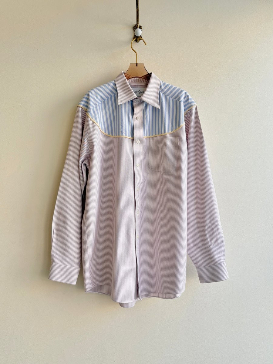 Austin Top | Red Pinstripe Button Down Top w/ Blue Pinstripe Shoulder Accent (Reworked) - Made X Hudson