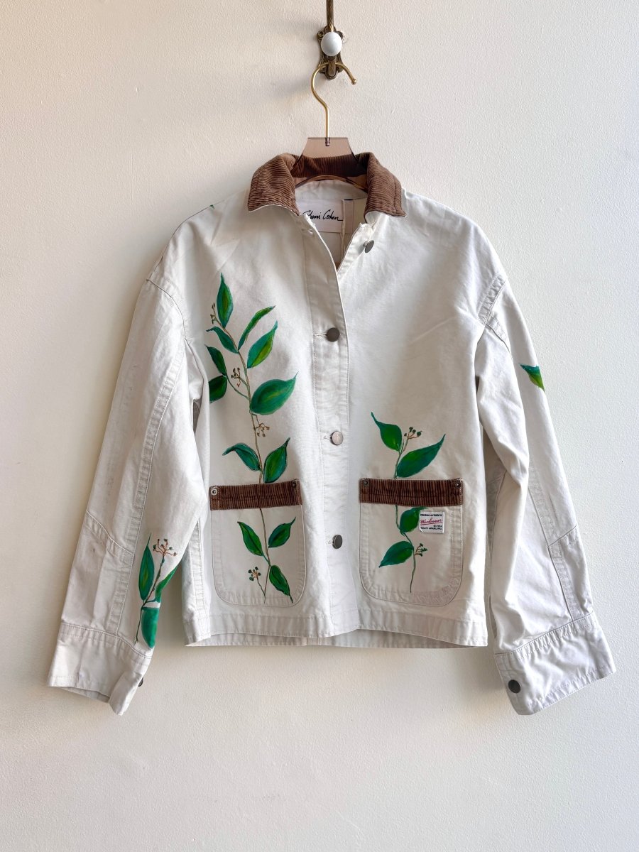 Corduroy Collared White Canvas Jacket with Hand Painted Vines (Reworked) - Made X Hudson