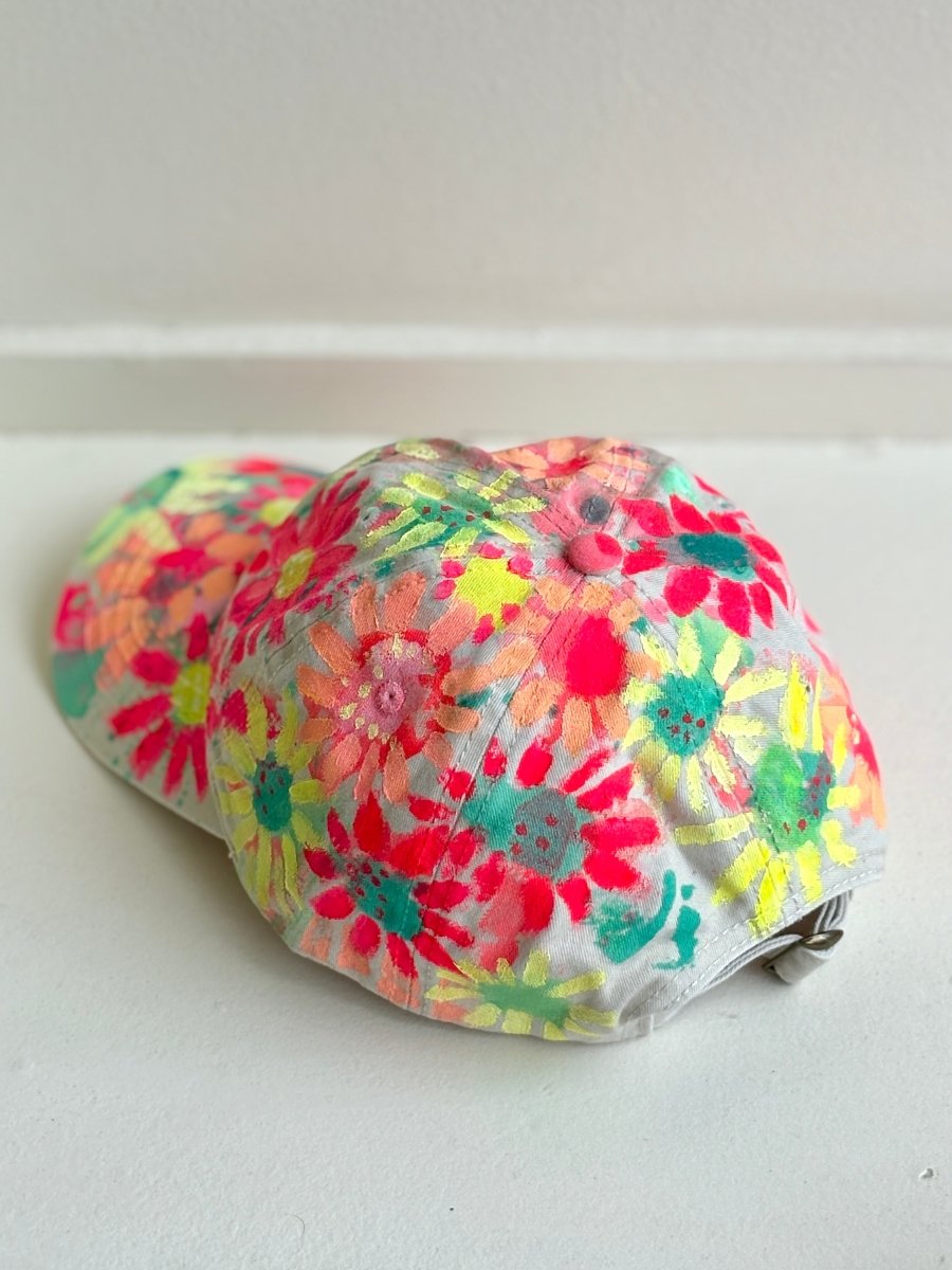 Natural Canvas Hand Painted Neon Pink & Yellow Flowers Baseball Cap - Made X Hudson