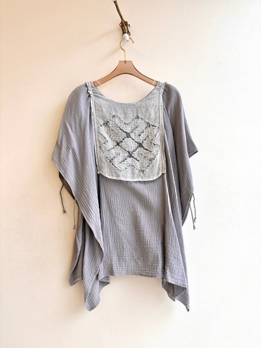 2D Vestment Hand Embroidered Smock Cape w/ Ties | Grey Linen and Wine Silk - Made X Hudson
