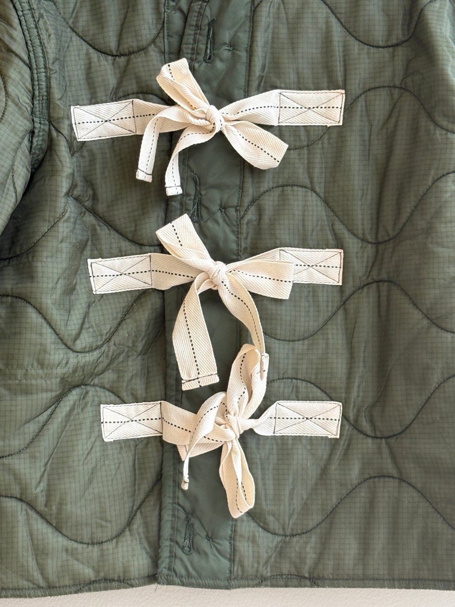 Dark Olive Green Army Liner Quilted Coat w/ White Twill Tape Ties (Reworked) - Made X Hudson