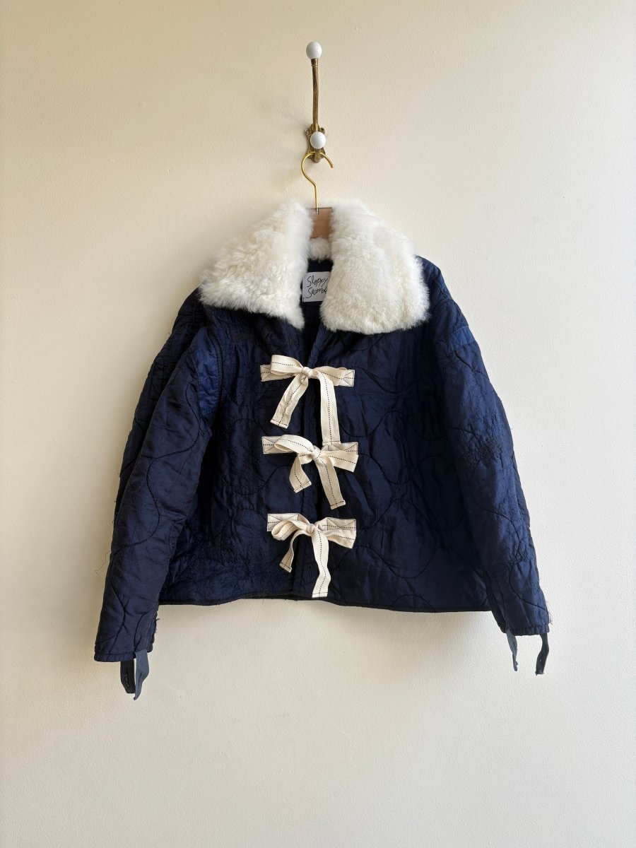 Navy Army Liner Quilted Coat w/ White Alpaca Fur Collar & Twill Tape Ties (Reworked) - Made X Hudson