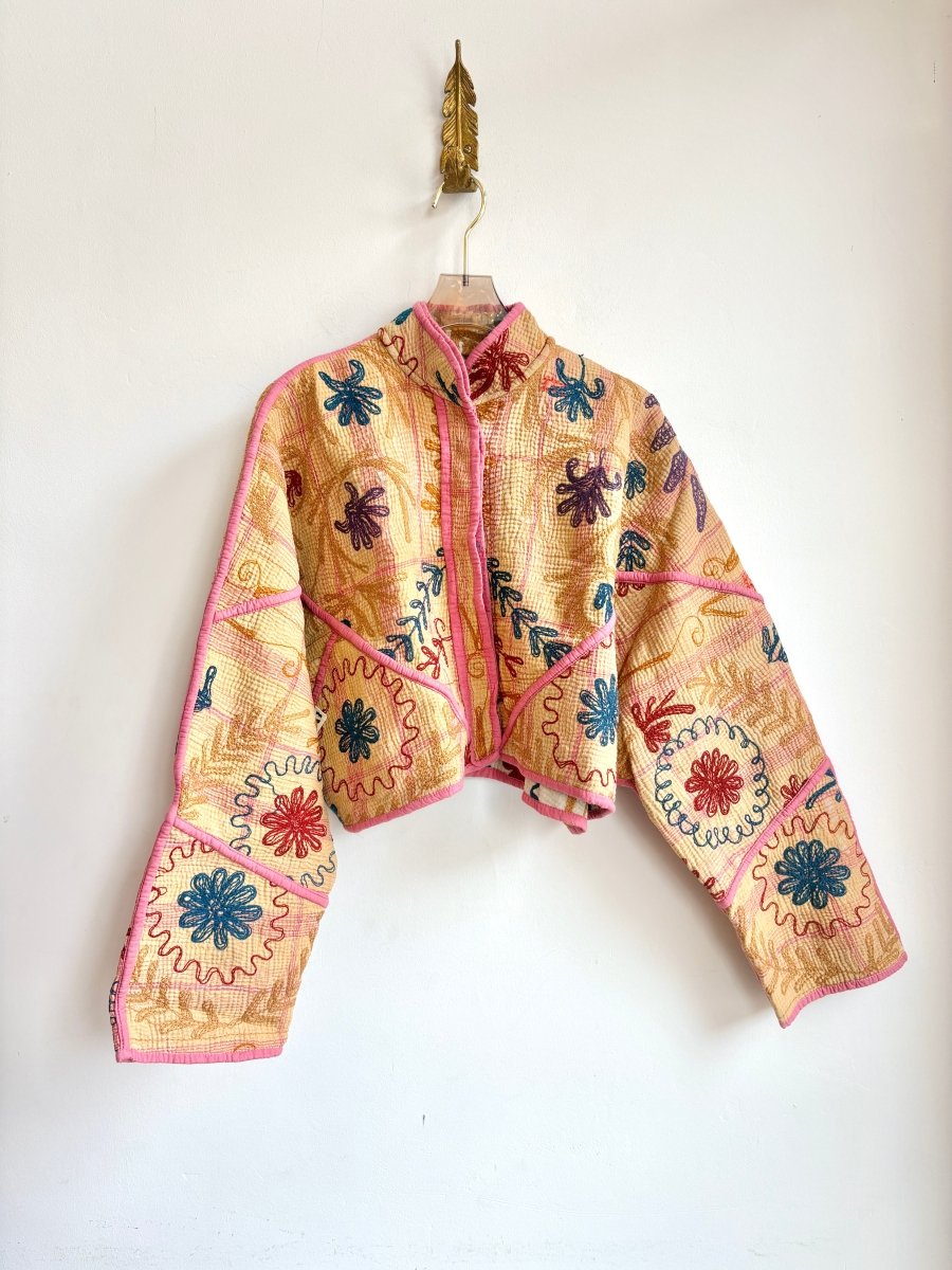 Reversible Suzani Quilted Cropped Jacket in Colors Cream, Cobalt, Rust, Mustard & Caramel, Cobalt, Rust, Purple - Made X Hudson