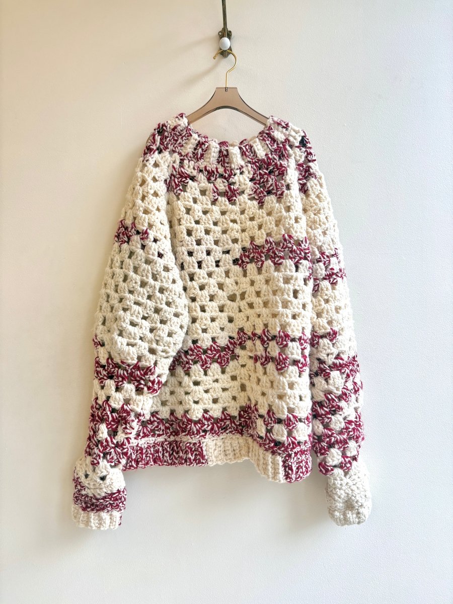 Wool Hand Crochet Red & Cream Sweater - Made X Hudson
