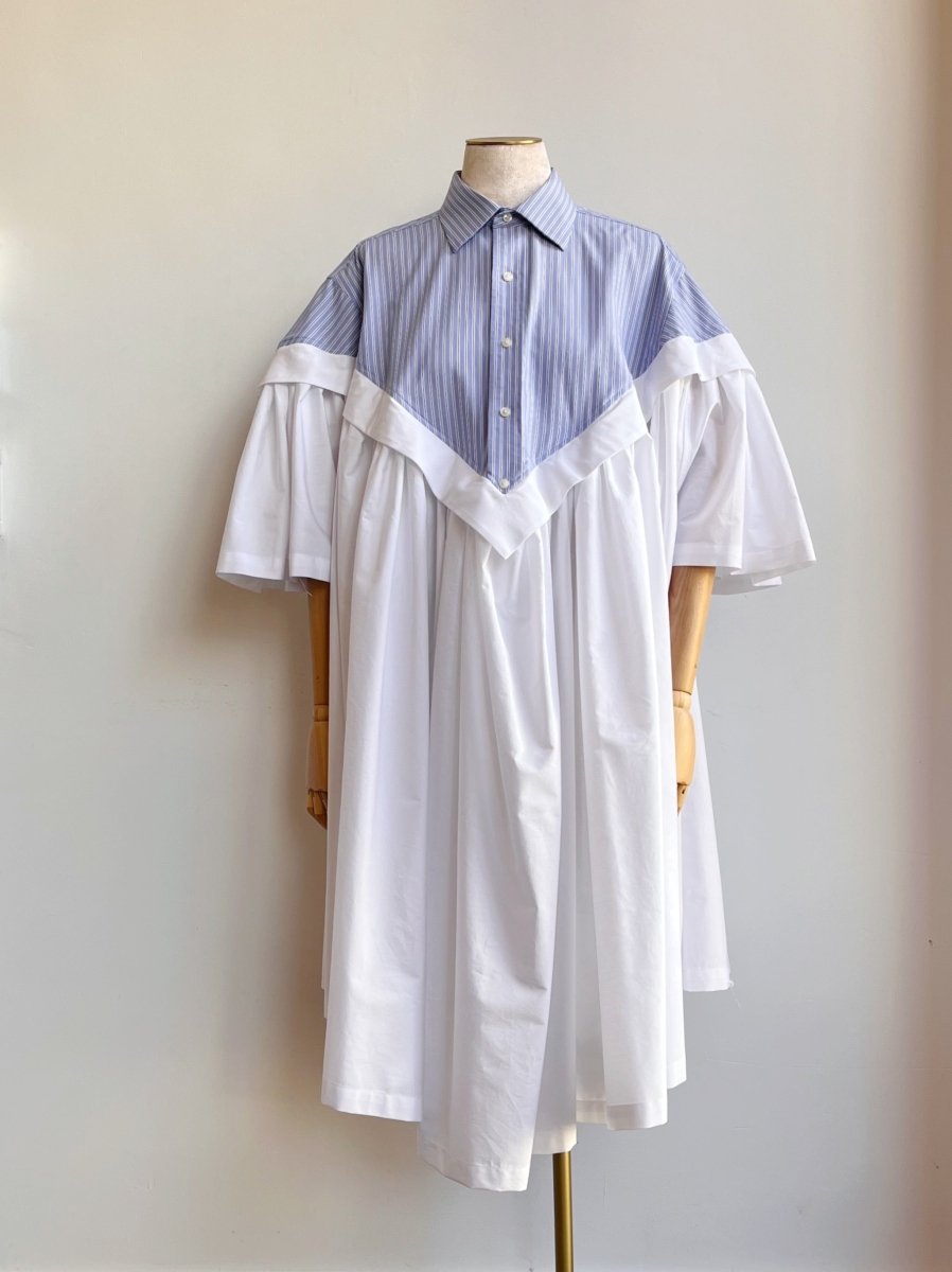 Flutter Sleeve Shirtwaist Dress in Blue, Black & White Stripe & White (Reworked) - Made X Hudson