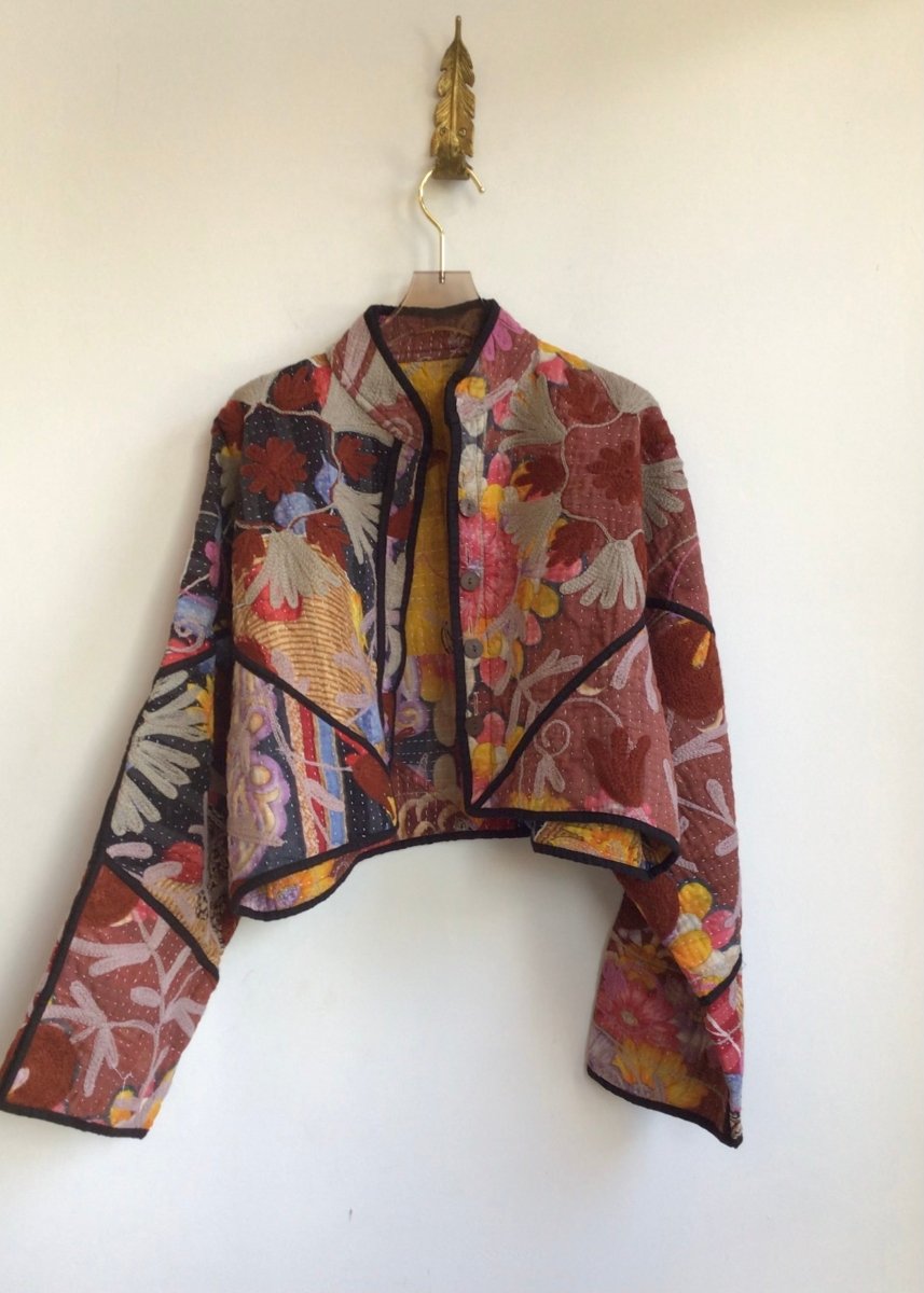 Reversible Kaira Suzani Quilted Cropped Jacket in Colors Rust, Black, Orange, Brown & Rust, Red, Purple, Orange - Made X Hudson