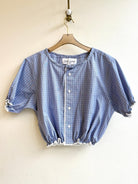 The Henry Top | Steel Blue Micro Grid Cap Sleeve w/ Smocked Waist & Eyelet Trim (Reworked) - Made X Hudson