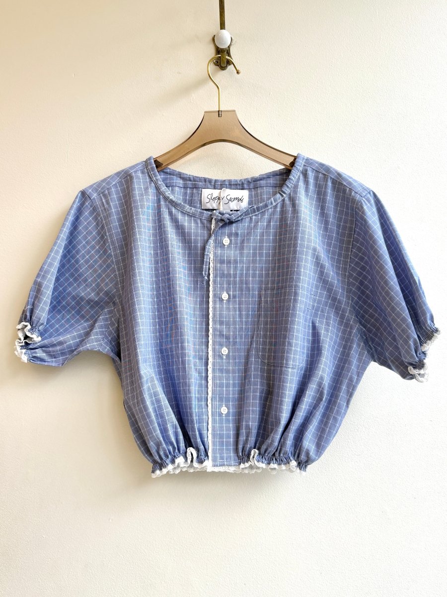 The Henry Top | Steel Blue Micro Grid Cap Sleeve w/ Smocked Waist & Eyelet Trim (Reworked) - Made X Hudson