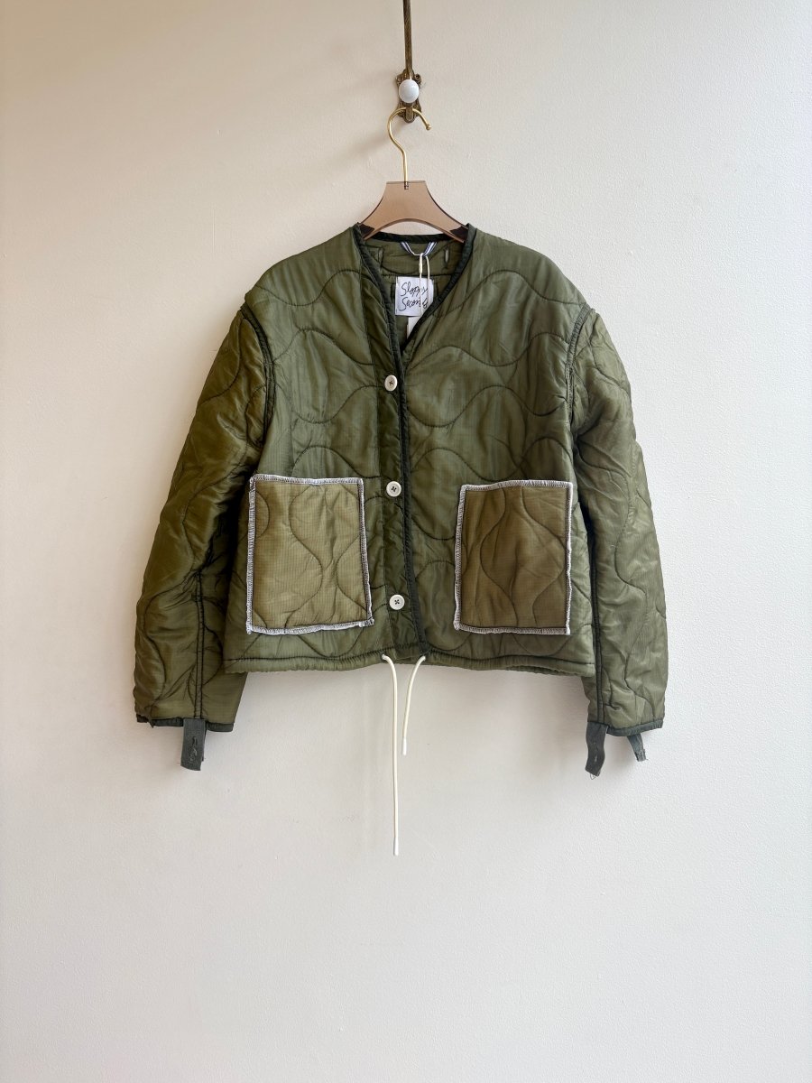 Olive Green Army Liner Quilted Coat w/ Light Olive Patch Pockets & White Drawstring | Multiple Sizes (Reworked) - Made X Hudson