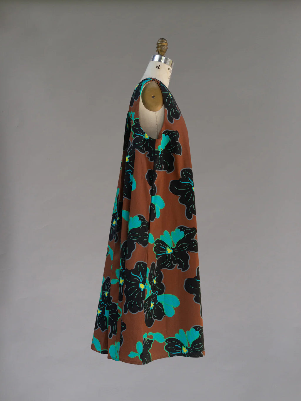 Brown, Black and Blue Floral 1961 Chestnut Print Watteau Dress - Made X Hudson