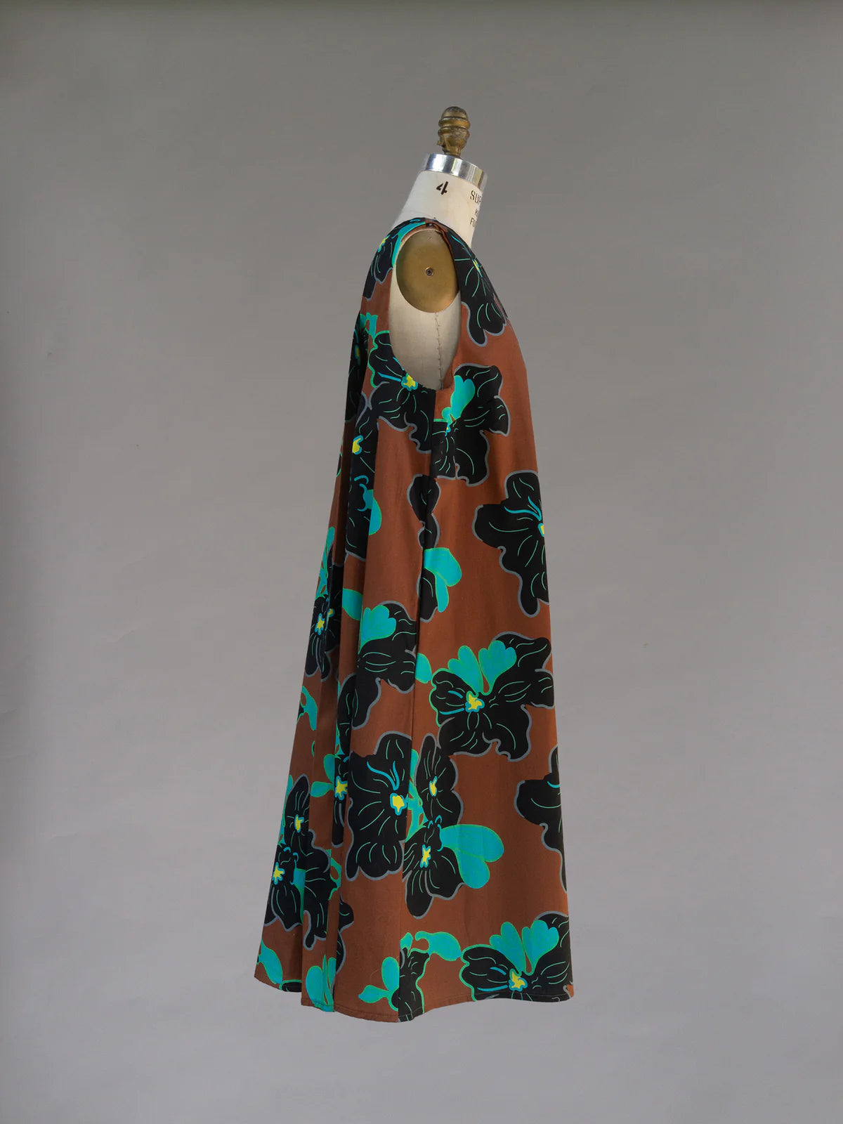 Brown, Black and Blue Floral 1961 Chestnut Print Watteau Dress - Made X Hudson
