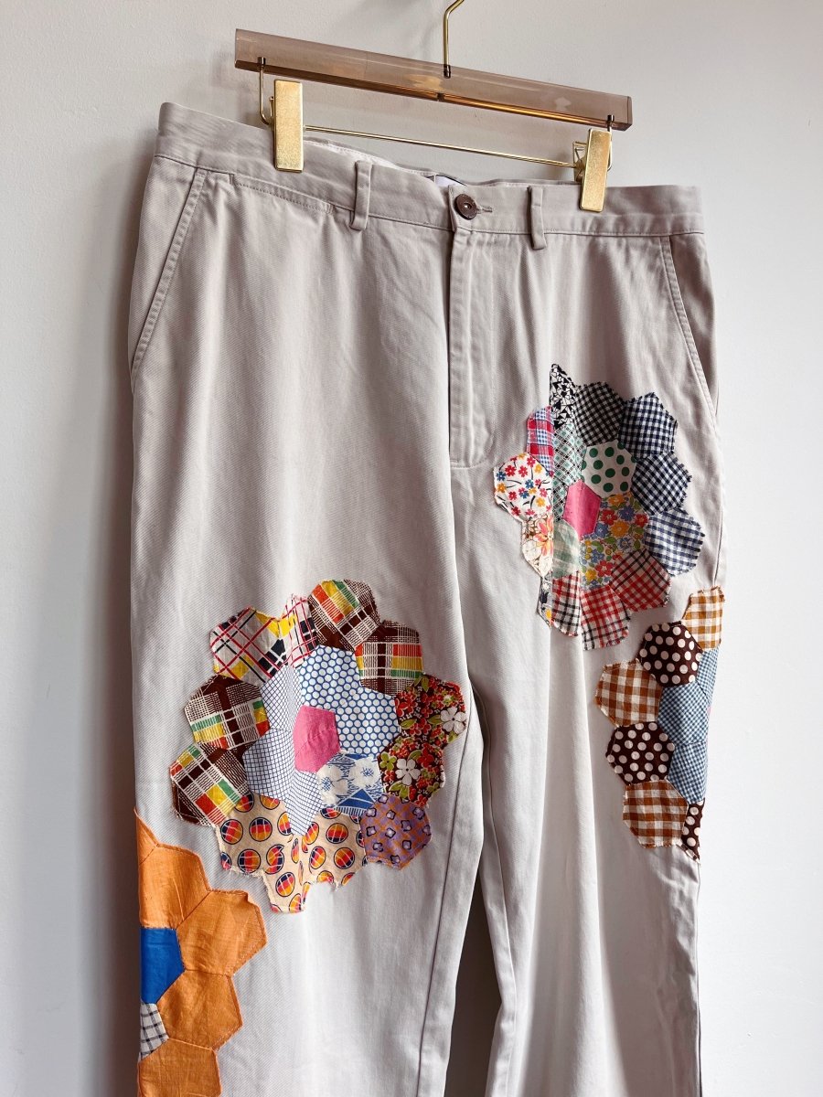 Grandmother’s Garden Quilt Block Applique Chinos w/ Plaid (Reworked) - Made X Hudson