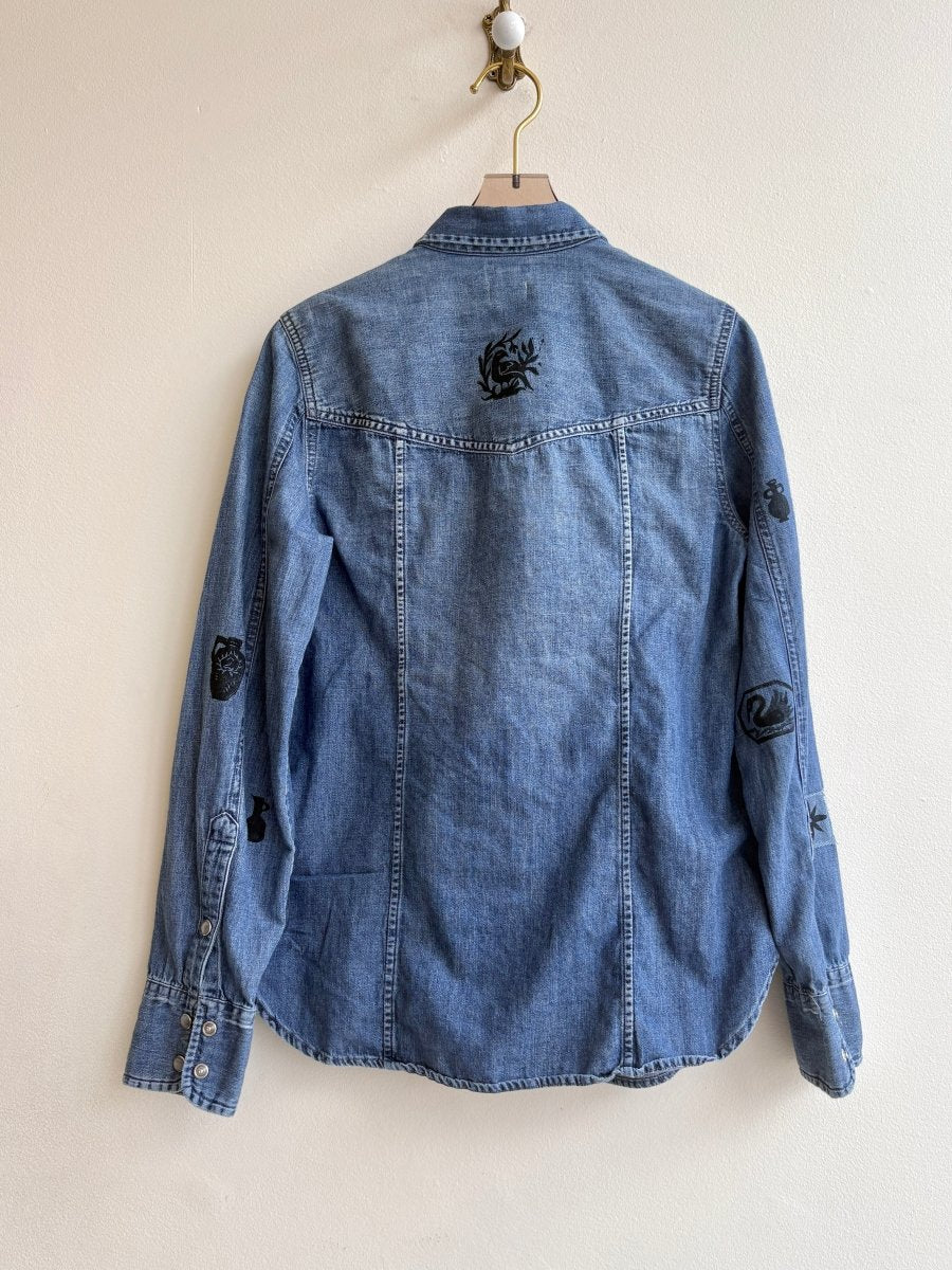 Tiny Print Blue Denim with Mother of Pearl Snaps in Black | Block Printed (Reworked) - Made X Hudson