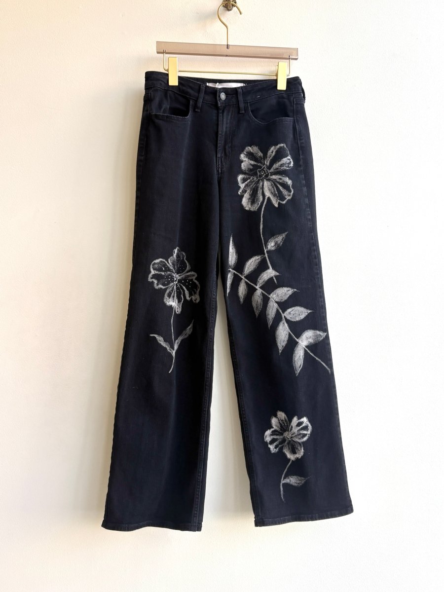 Black Denim Hibiscus Flower Bleach Painted Pants (Reworked) - Made X Hudson