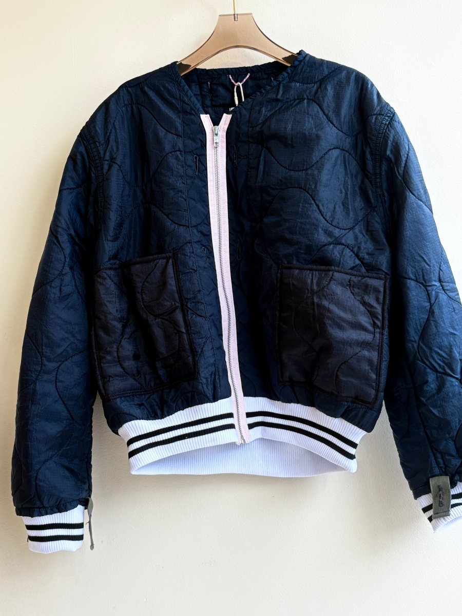 Navy Army Liner Quilted Coat w/ Pale Pink Zipper & Stripe Hem (Reworked) - Made X Hudson