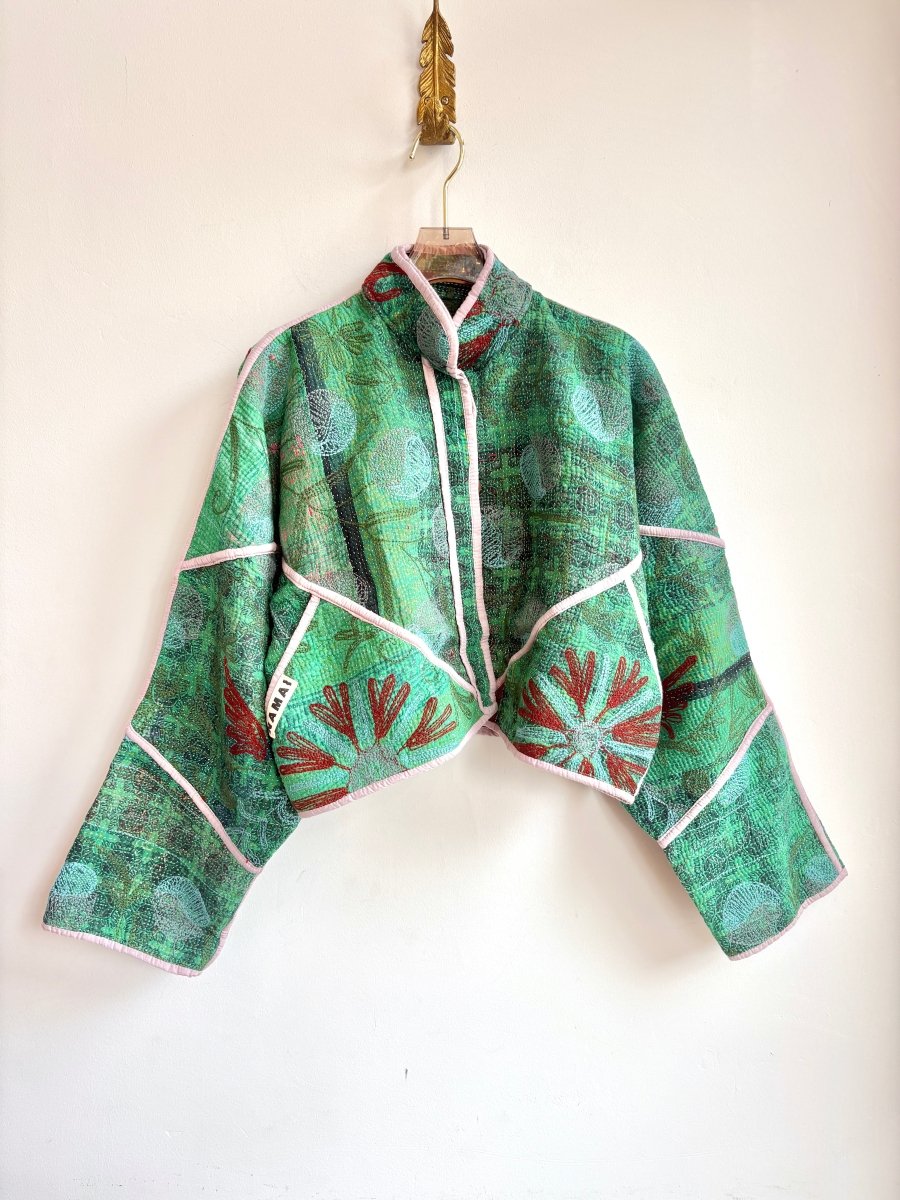 Reversible Suzani Quilted Cropped Jacket in Colors Emerald, Forest, Rust, Light Mauve & Olive, Rust, Beige, Light Blue - Made X Hudson