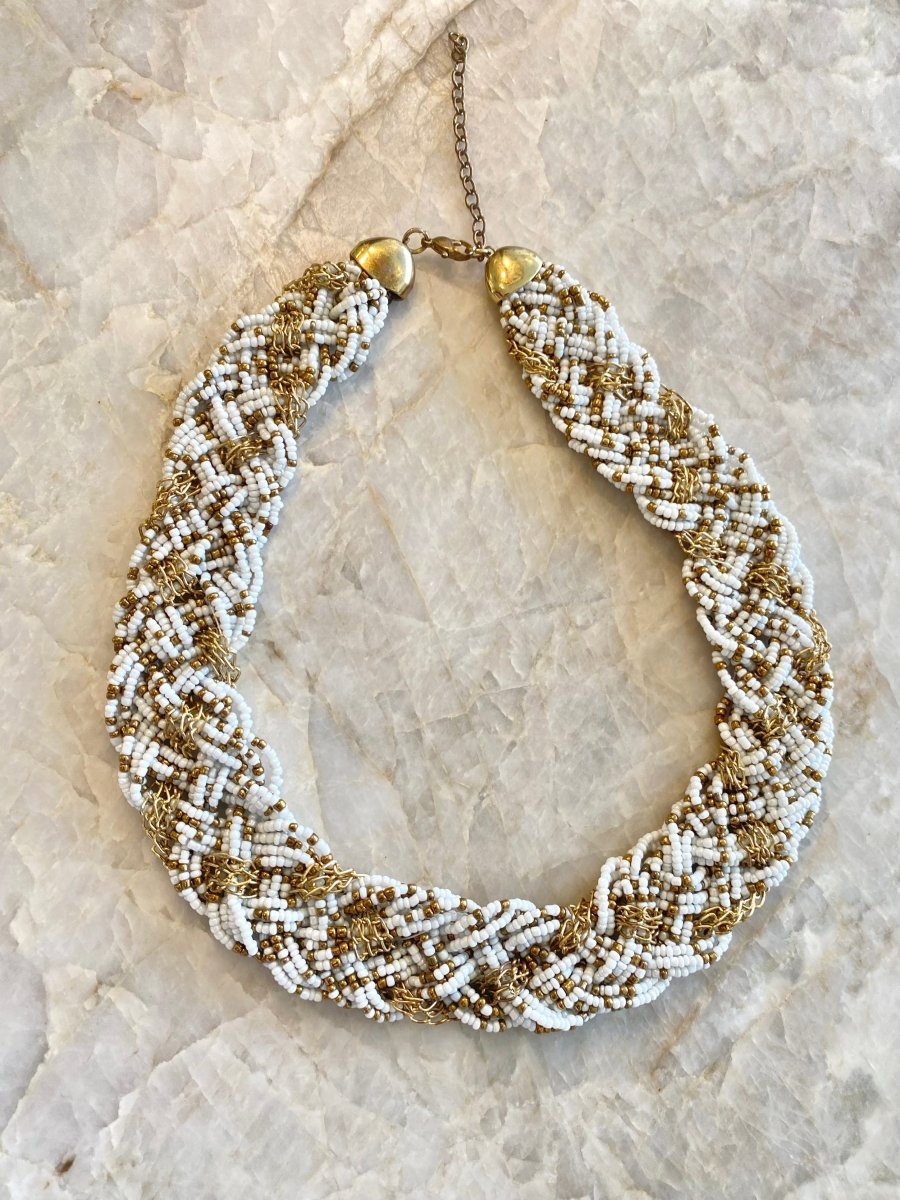 Vintage Gold Metal and White Confetti Micro Beaded Necklace (Vintage) - Made X Hudson