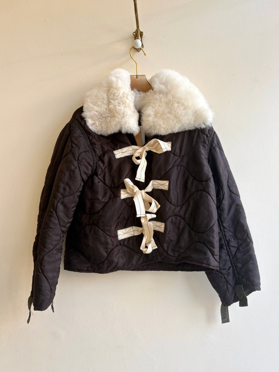 Dark Coco Army Liner Quilted Coat w/ White Alpaca Fur Collar & Cream Twill Tape Ties (Reworked) - Made X Hudson