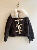 Dark Coco Army Liner Quilted Coat w/ White Alpaca Fur Collar & Cream Twill Tape Ties (Reworked) - Made X Hudson