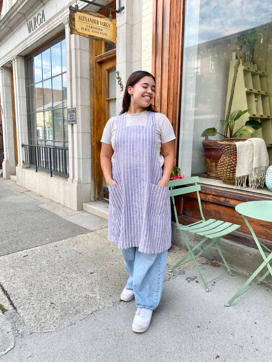 Brown Pinstripe Linen Pinafore Apron w/ Patch Pockets