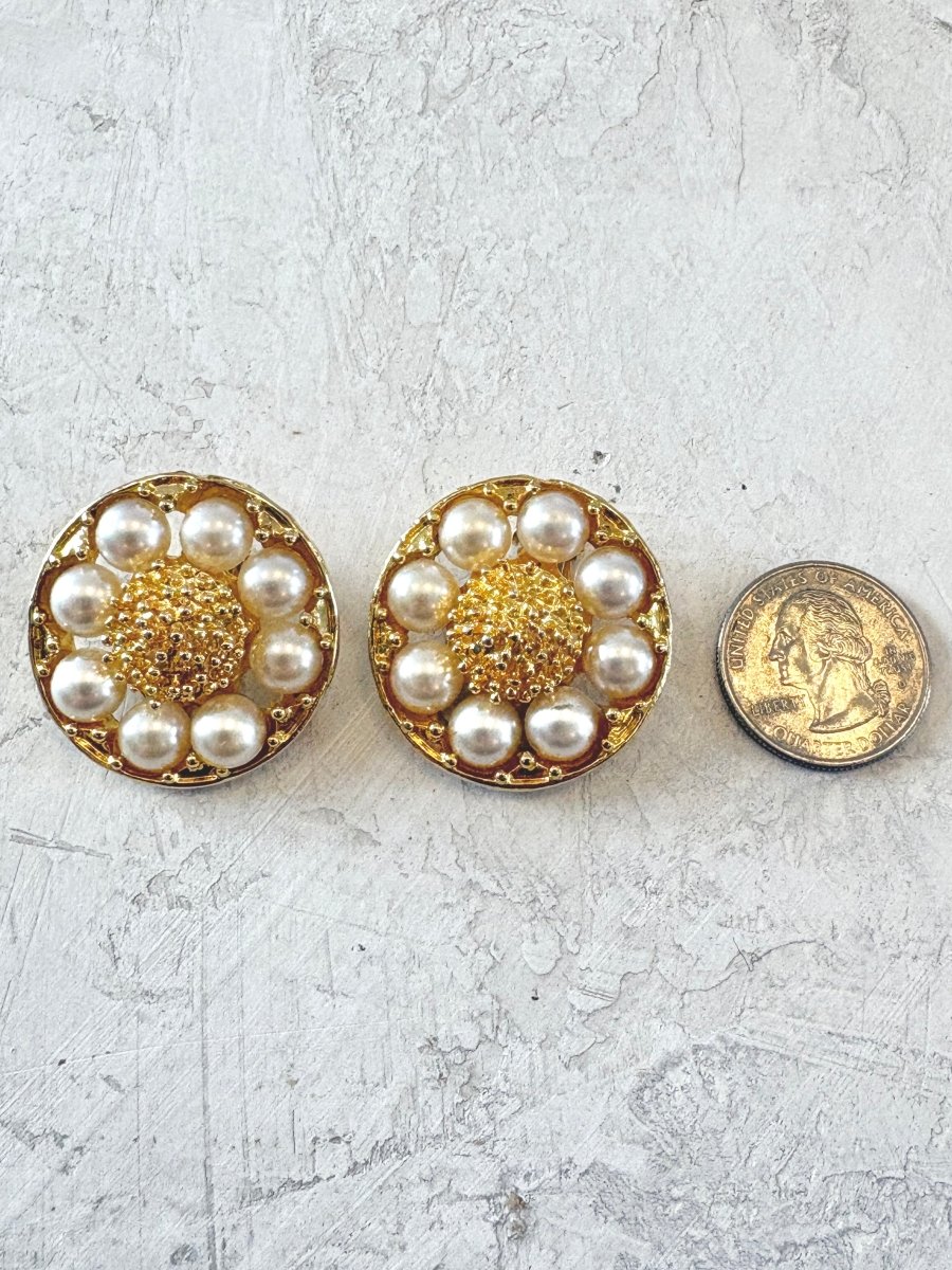 Gold Tone Pearl & Caviar Texture Clip On Earrings (Vintage) - Made X Hudson