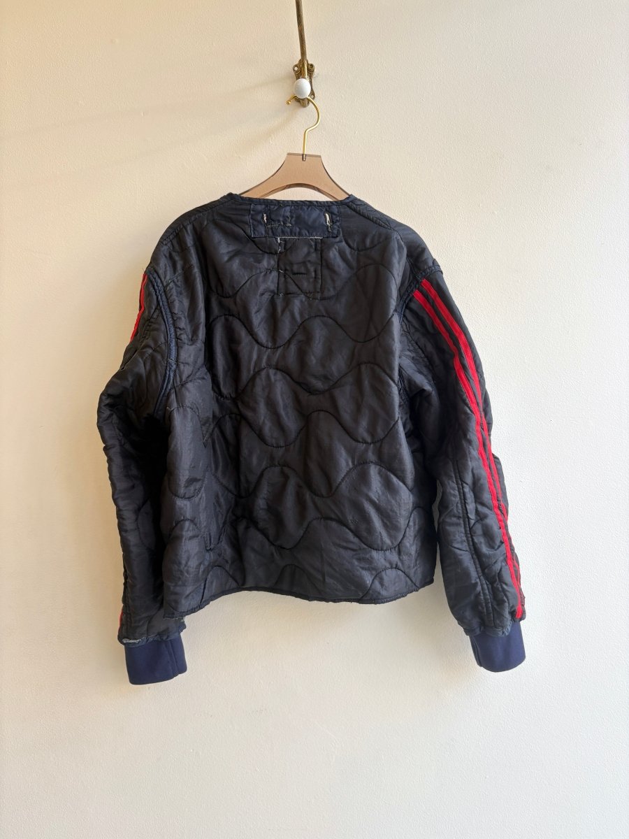 Deep Navy Army Liner Quilted Track Jacket w/ Navy Buttons & Red Double Striped Sleeves (Reworked) - Made X Hudson