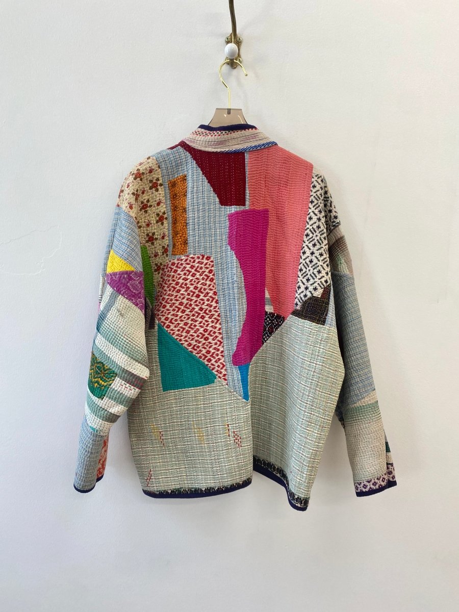 Reversible Ladhiya Quilted Jacket in Multi - Colored Patchwork & Green, Blue & White Stripe w/ Floral Pocket - Made X Hudson