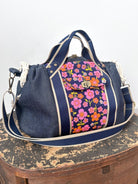 Mini Cross - Body Duffel Bag in Denim and Pink Retro Flowers w/ Navy Webbing - Made X Hudson