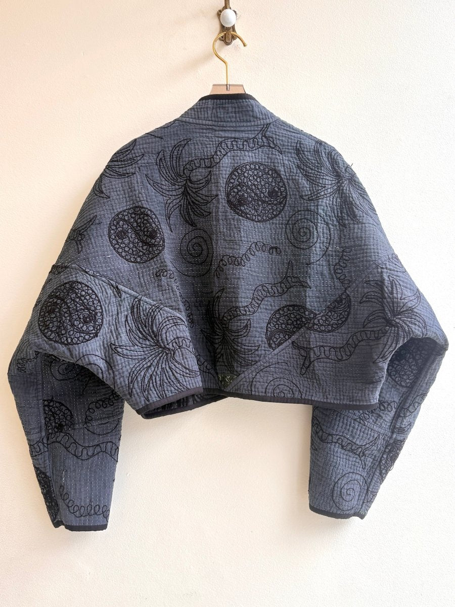 Reversible Kaira Suzani Quilted Cropped Jacket in Colors Charcoal Black, Grey, Soft Yellow & Black, Smoke Grey - Made X Hudson