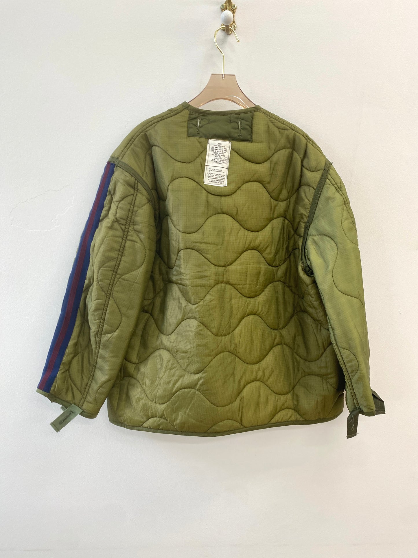 Olive Green Army Liner Quilted Coat w/ Navy & Maroon Sleeve Stripe (Reworked)