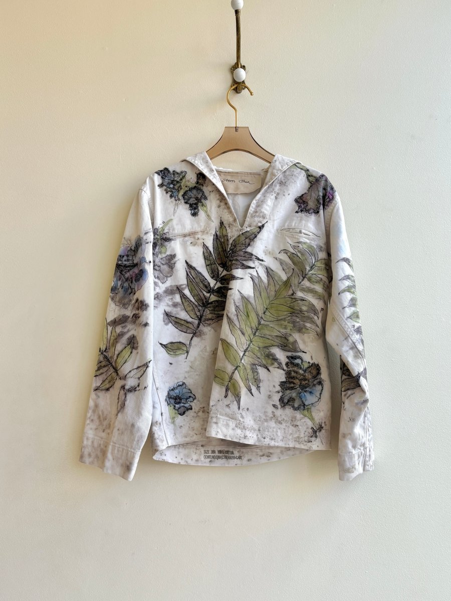 Blue & Green Eco Printed & Hand Drawn Long Sleeve Sailer Top (Reworked) - Made X Hudson