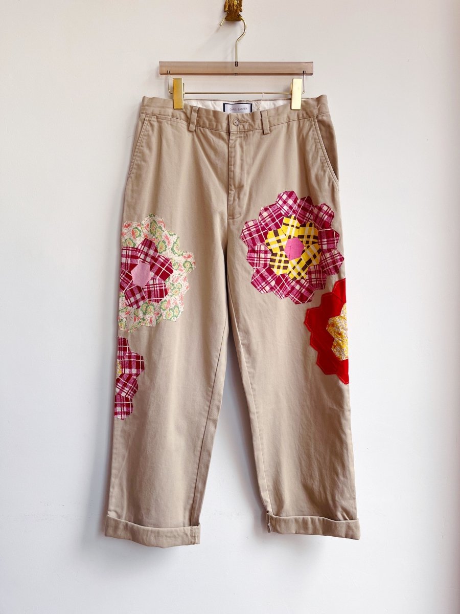 Grandmother’s Garden Quilt Block Applique Chinos w/ Red & Yellow (Reworked) - Made X Hudson
