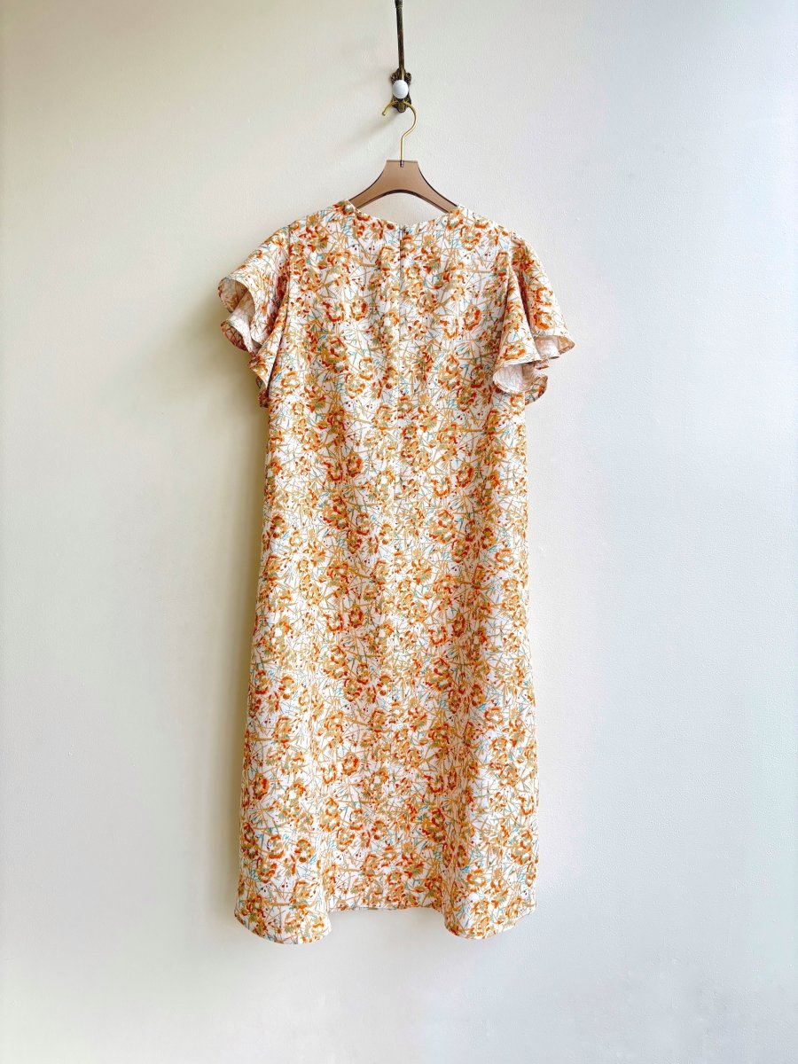 Orange, Yellow, and Teal Abstract Floral Chore Dress with Flutter Sleeve - Made X Hudson