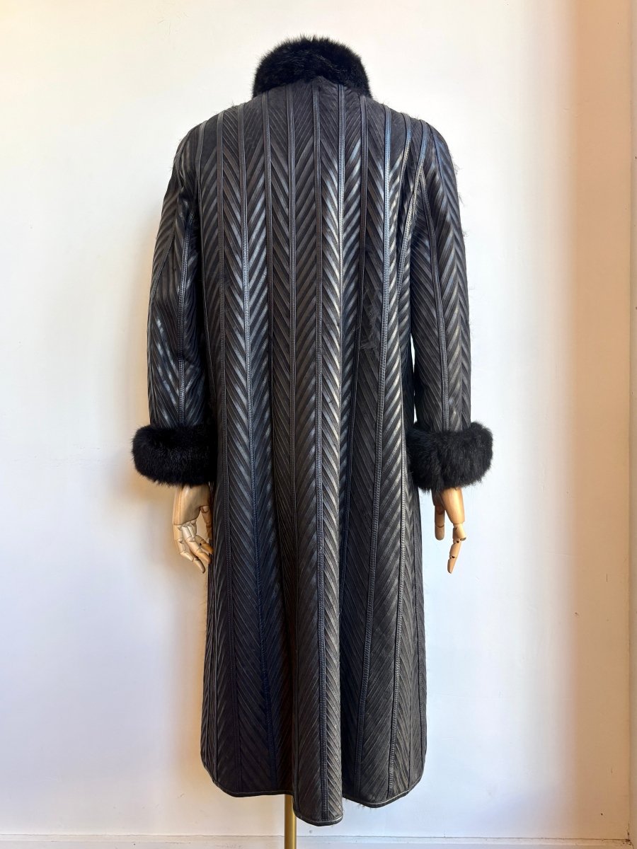 Reversible Midnight Black Leather Chevron and Fur Dress Coat (Vintage) - Made X Hudson