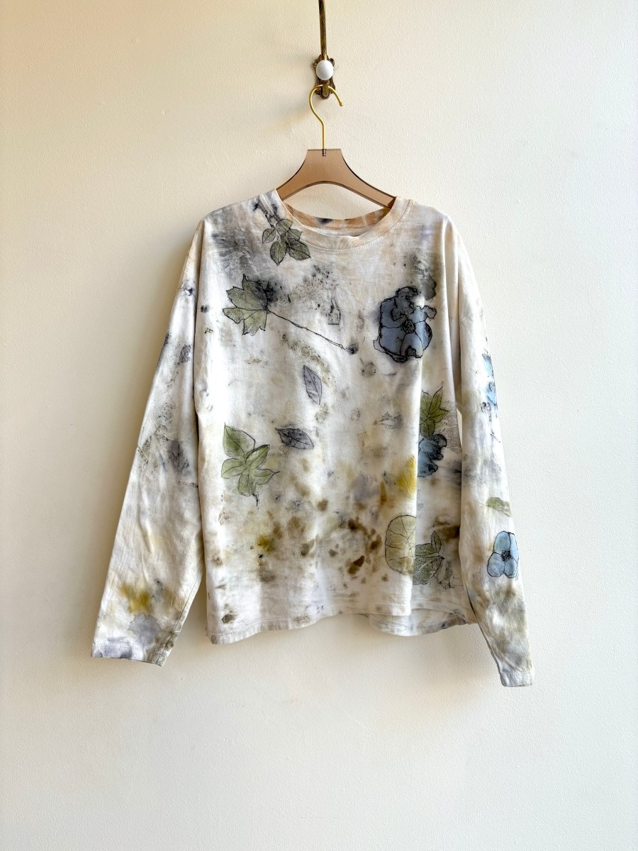 Blue Poppies & Green Eco Printed & Hand Drawn Long Sleeve Top (Reworked) - Made X Hudson