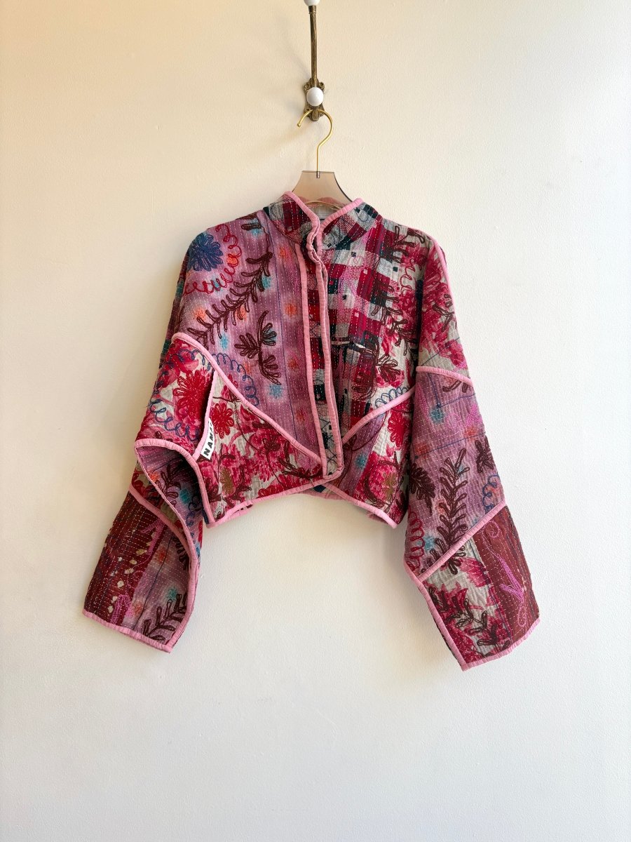 Reversible Suzani Quilted Cropped Jacket in Colors Purple, Pink, Grey, Blue & Ecru, Brown, Blue, Pink - Made X Hudson