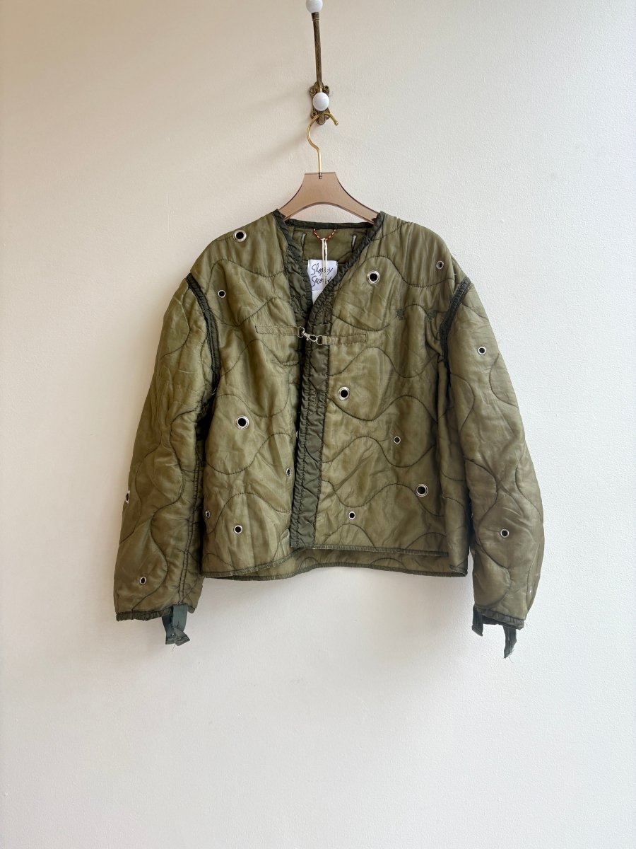 Light Olive Green Army Liner Quilted Coat w/ Silver Grommets & Clasp (Reworked) - Made X Hudson