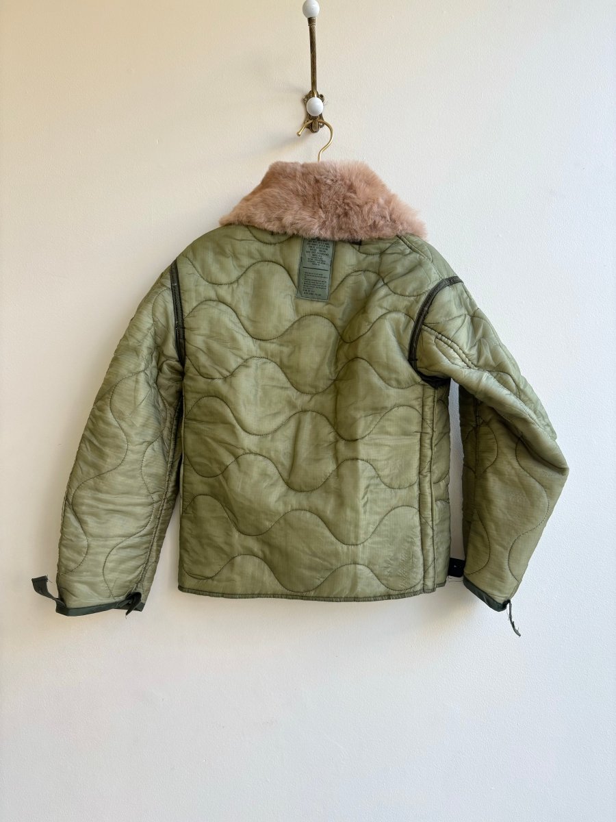 Two Tone Olive Green Army Liner Quilted Coat w/ Caramel Alpaca Fur Collar (Reworked) - Made X Hudson