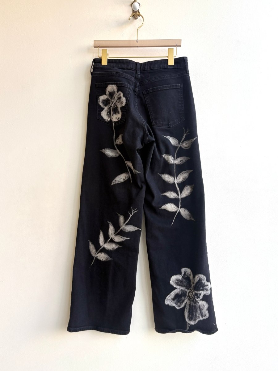 Black Denim Hibiscus Flower Bleach Painted Pants (Reworked) - Made X Hudson