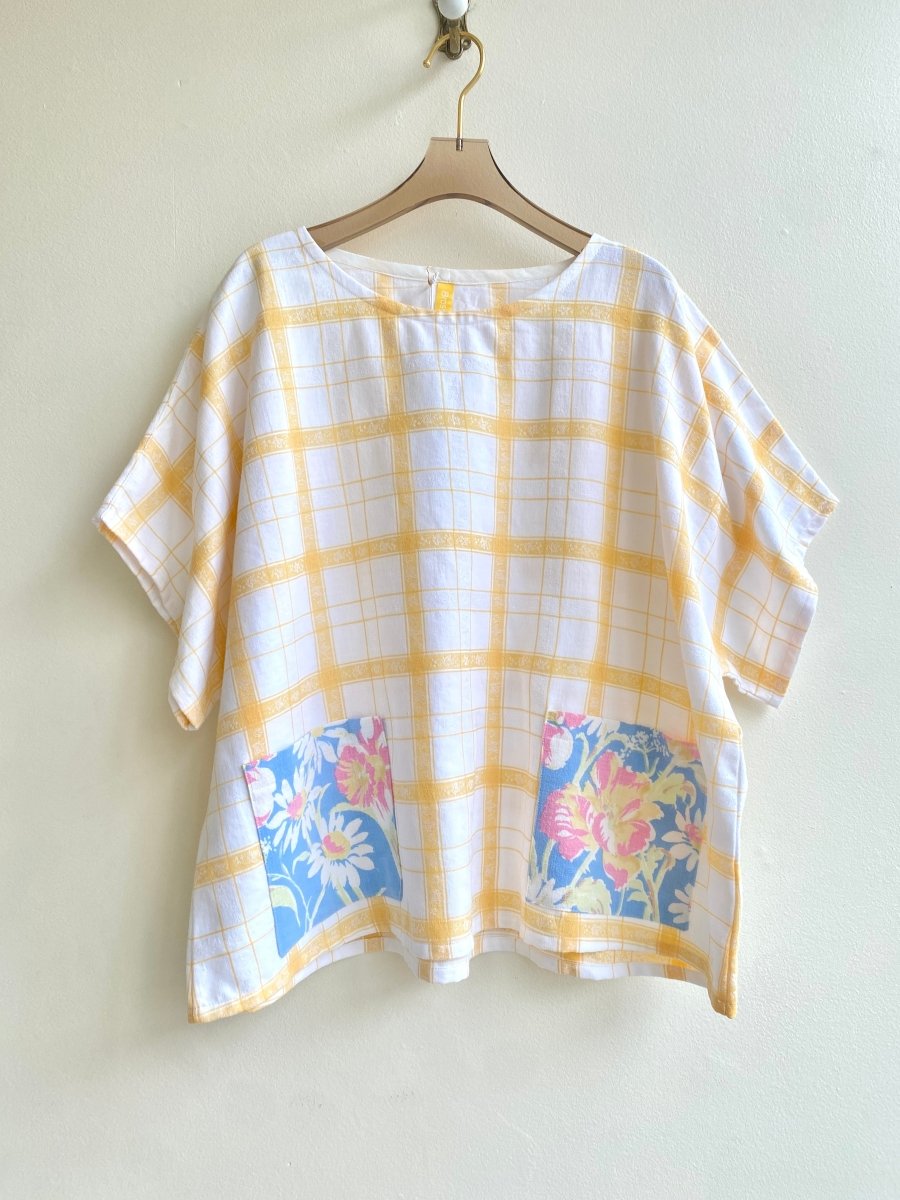 Yellow Plaid Spring Picnic Top w/ Floral Patch Pockets - Made X Hudson