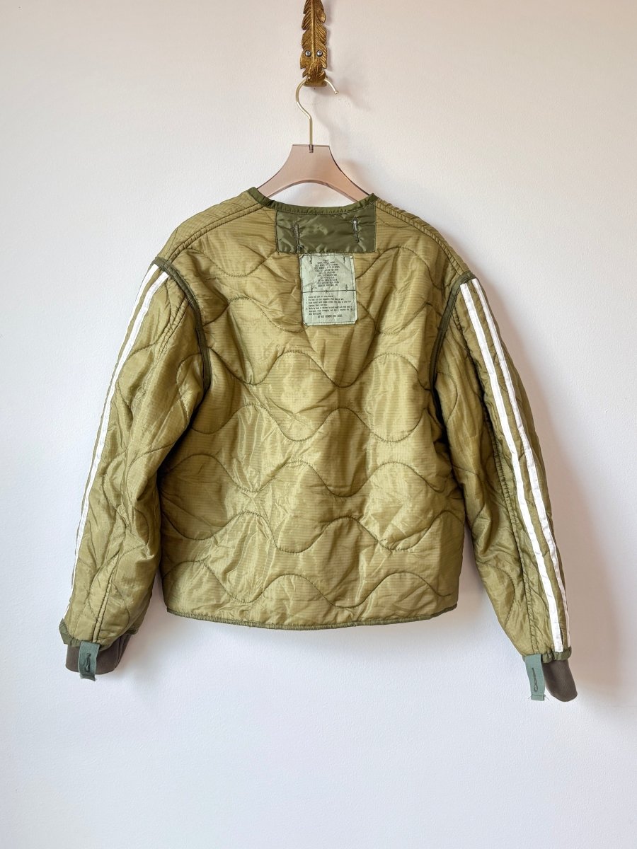 Olive Green Army Liner Quilted Track Jacket w/ Cream Buttons & Reflective Striped Sleeves (Reworked) - Made X Hudson