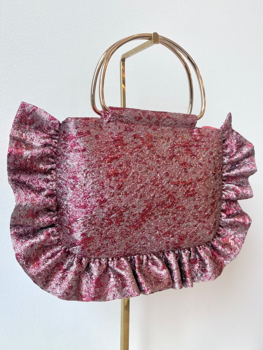 Garnet Red Abstract Metallic Brocade Minnie Ruffle Bag - Made X Hudson