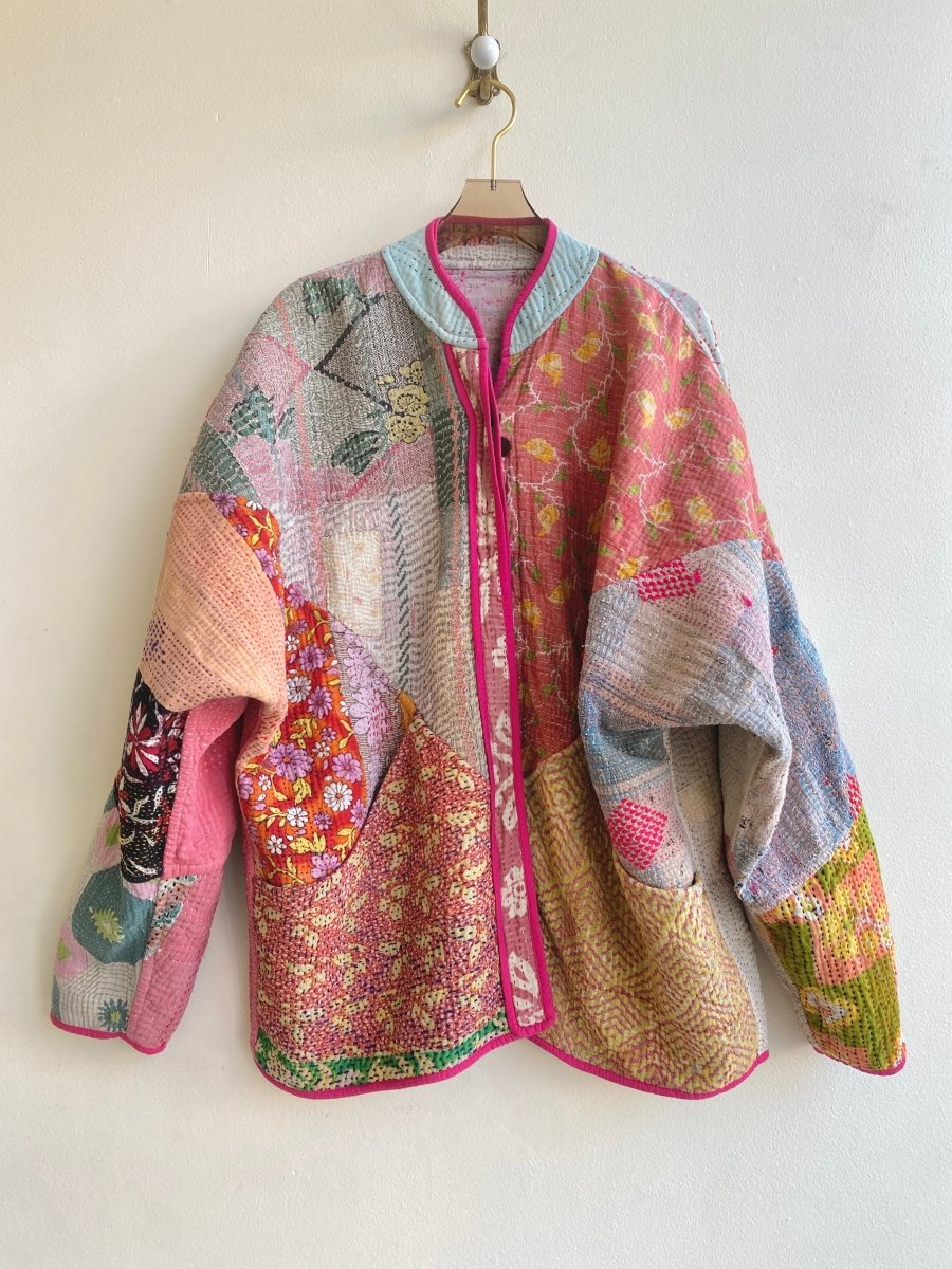 Reversible Ladhiya Quilted Jacket in Colors Pink, Blue, Coral & Pale Blue, Pink, Yellow Patchwork - Made X Hudson