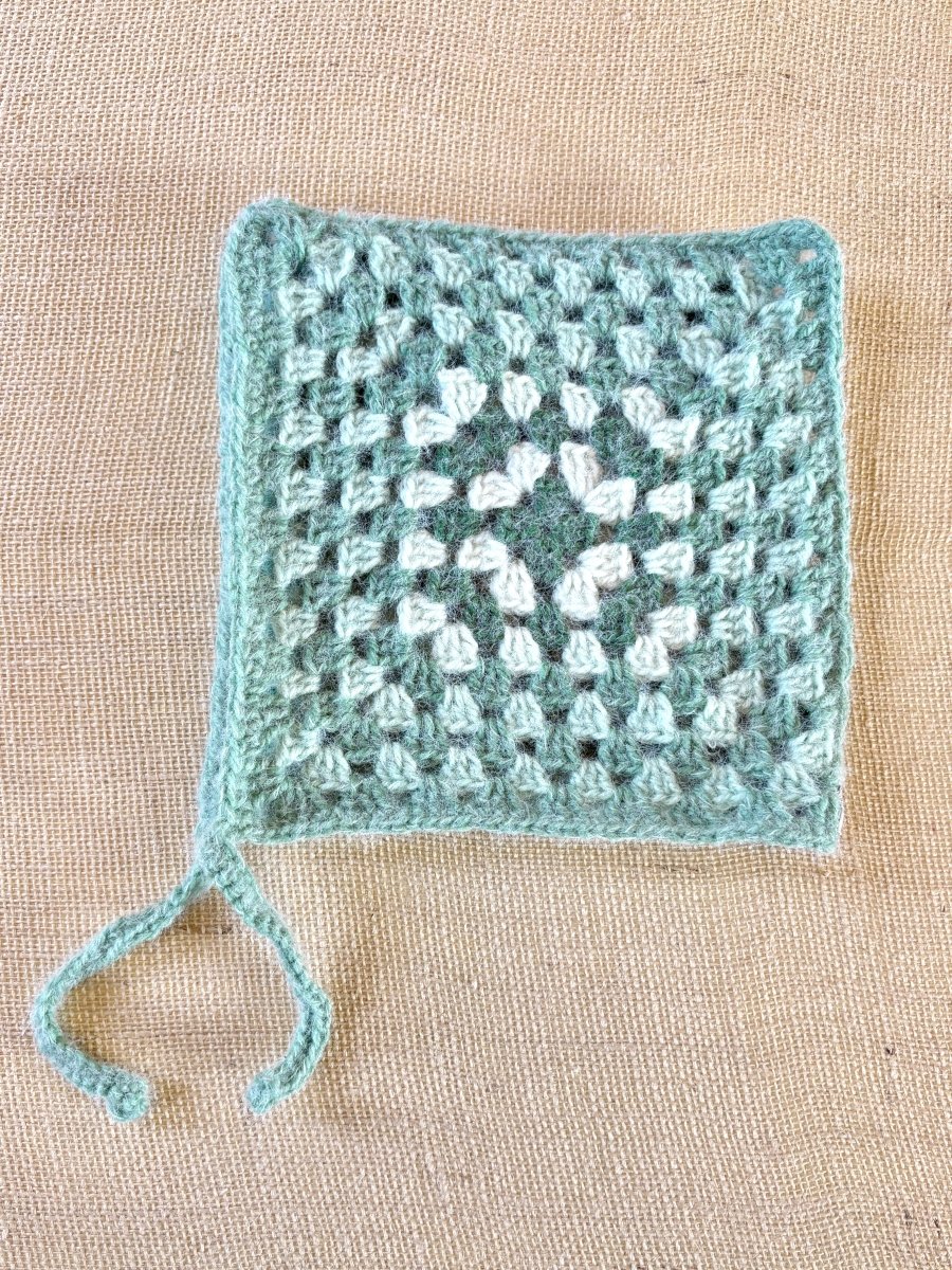 Mint and Sage Granny Square Elf Bonnet with Mini Ties | Crocheted - Made X Hudson