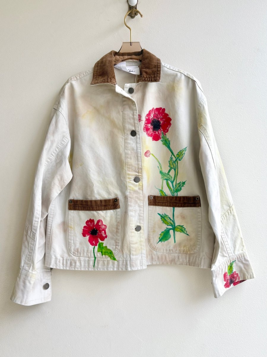 "Poppy" Fawn Corduroy Collared White Canvas Jacket | Hand Painted (Reworked) - Made X Hudson