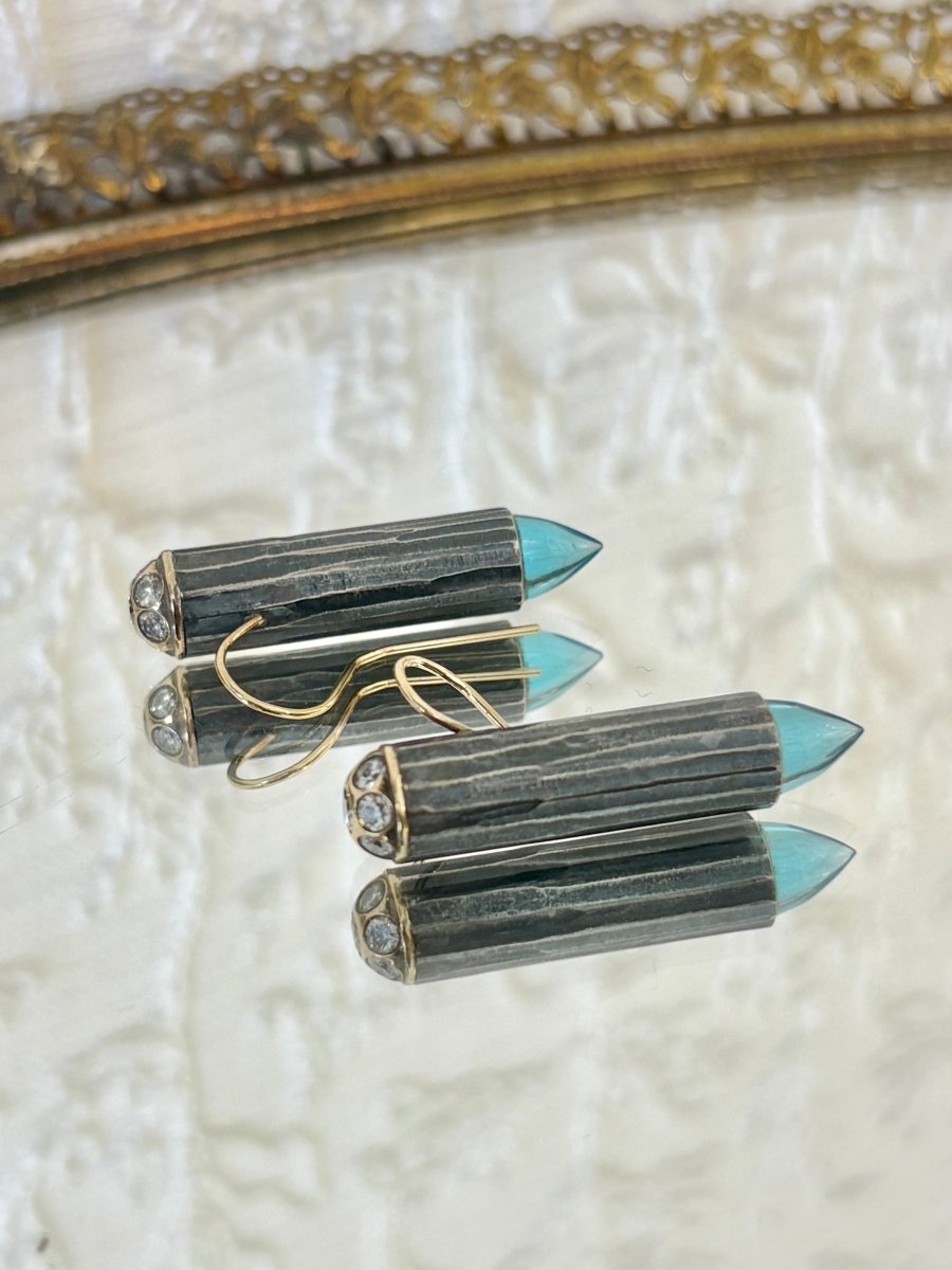 18K Gold & Silver with .8K Diamonds & London Blue Topaz Earrings - Made X Hudson