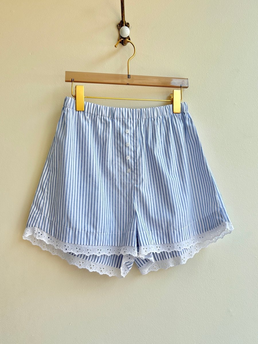 Blue & White Stripe w/ Eyelet Trim Boxer Shorts (Reworked) - Made X Hudson
