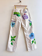 Large Blue Morning Glory Painter Pants with Color Blocked Pockets | Hand Painted (Reworked) - Made X Hudson